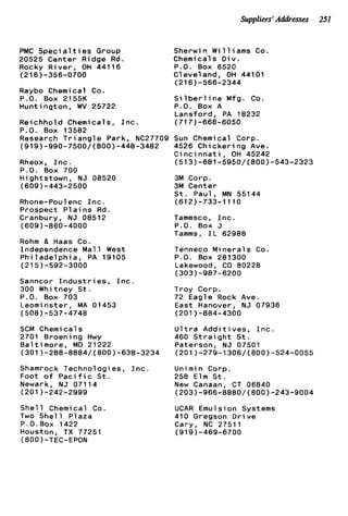 Suppliers'Addresses 251
PMC S p e c i a l t i e s Group
20525 Center Ridge Rd.
Rocky R i v e r , OH 44116
(216)-356-0700
Raybo Chemical Co.
P.O. Box 2155K
H u n t i n g t o n , WV 25722
R e i c h h o l d Chemicals, I n c .
P.O. Box 13582
Research T r i a n g l e Park, NC27709
(919)-990-7500/(800)-448-3482
Rheox, I n c .
P.O. Box 700
Hightstown, N J 08520
(609)-443-2500
Rhone-Poulenc I n c .
Prospect P l a i n s Rd.
Cranbury, NJ 08512
(609)-860-4000
Rohm & Haas Co.
Independence M a l l West
P h i l a d e l p h i a , PA 19105
(215)-592-3000
Sanncor I n d u s t r i e s , I n c .
300 Whitney S t .
P.O. Box 703
Leomi n s t e r , MA 01453
(508)-537-4748
SCM Chemical s
2701 Broening Hwy
B a l t i m o r e , MD 21222
(301)-288-8884/(800)-638-3234
Shamrock Technologies, I n c .
Foot o f P a c i f i c S t .
Newark, NJ 07114
S h e l l Chemical Co.
Two She1 1 Plaza
P . 0 . 8 0 ~ 1422
Houston, TX 77251
(201 )-242-2999
(EOO)-TEC-EPON
Sherwin W i 11iams Co.
Chemi c a l s D i v .
P.O. Box 6520
Cleveland, OH 44101
(216)-566-2344
S i l b e r l i n e Mfg. Co.
P.O. Box A
Lansford, PA 18232
(717) -668-6050
Sun Chemical Corp.
4526 C h i c k e r i n g Ave.
C i n c i n n a t i , OH 45242
(513)-68l-5950/(800)-543-2323
3M Corp.
3M Center
S t . Paul, MN 55144
(612) -733-1 110
Tammsco, I n c .
P . O . Box J
Tamms, I L 62988
Tenneco M i n e r a l s Co.
P.O. Box 281300
Lakewood, CO 80228
(303)-987-6200
Troy Corp.
72 Eagle Rock Ave.
East Hanover, N J 07936
(201)-884-4300
U l t r a A d d i t i v e s , I n c .
460 S t r a i g h t S t .
Paterson, NJ 07501
(201)-279-1306/(800)-524-0055
Unimin Corp.
258 E l m S t .
New Canaan, CT 06840
(203)-966-8880/(800)-243-9004
UCAR Emu1s i o n Systems
410 Gregson D r i v e
Cary, NC 27511
(919)-469-6700
 