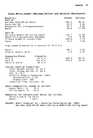 Enamels 41
G l o s s W h i t e Enamel (Maximum S o l v e n t and A b r a s i o n Resistance)
M a t e r i a1 :
P a r t A:
€pi-Rez 5522-WY-55 Resin
C y c l o Sol 63
E k t a s o l v e EP, 2-Propoxyethanol
Water
P a r t 8:
Epi -Cure 8290-Y-60 C u r i n g Agent
Deefo P I - 4 C o n c e n t r a t e Defoamer
T i - P u r e R-960 o r Kronos 2160
Water
H i g h speed d i s p e r s e t o a t e x t u r e o f 10 P . S . C
Water
G l a c i a l A c e t i c A c i d
Composite Blend: V i s c o s i t y
P a r t A 61 K . U .
P a r t B 103 K . U .
P a r t s A and B 83 K . U .
T y p i c a l C o a t i n g P r o p e r t i e s :
T o t a l Weight S o l i d s , Oh: 54.0
T o t a l Volume S o l i d s , %: 40.4
PVC, %: 1 9 . 2
V o l a t i l e Organic Compounds (VOC):
Pounds/Gallon: 2 . 3 4
G r a m s / L i t e r : 280
I n d u c t i o n Time, m i n u t e s : 30
Resin Composition (based on s o l i d s ) :
Epoxy Resin, %: 74.5
C u r i n g Agent, %: 2 5 . 5
~ _ _ _Pounds Gal 1ons
442.2 49.41
2 2 . 2 3 . 0 0
22.7 3.00
9 3 . 8 11 .26
135.1 15.30
4.0 0.49
250.0 7 . 7 4
1 2 . 5 1 .so
6 6 . 1 7.93
3 . 2 0.37
580.9 66.67
470.9 33.33
Reduction f o r Conventional Spray (by volume):
P a r t s A and B: 25 p a r t s
Water: 1 p a r t
SOURCE: S h e l l Chemical Co.: S t a r t i n g F o r m u l a t i o n No. 1803:
Epi-Rez 5522-WY-55 Resin/Epi-Cure 8290-Y-60 C u r i n g Agent
 