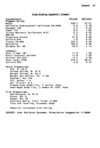 Enamels 43
H iqh-Hidinq Esashe11 Enamel
PoundsI n s r e d ie n t s :
Pigment Grind:
Water 226.7
Cel l o s i ze Hydroxyethyl C e l l u l ose ER-4400 2.0
Nuosept 145 2 . 3
Tamol 731 9.2
T r i t o n Nonionic S u r f a c t a n t N-57 2.3
AMP-95 1.o
Propylene Glycol 51.8
Col l o i d 643 1.9
Tronox CR-800 225.0
Optiwhi t e 100.0
Burgess No. 98 25.0
Letdown :
Ucar F i l m e r I B T
B u t y l Carbi t o 1 Solvent
Acrysol SCT-275
Ucar Latex 379G
Col l o i d 643
Pai n t P r o p e r t i e s
PVC, %: 35.6
Volume Sol ids
Weight Sol i d s
Weight per Ga
Stormer. KU:
I C I . n o i s e : 1
%: 37.6
%: 53.4
l o n , l b :
04
. 4
11.9
11.9
17.2
418.2
2 . 8
1 . 0 9
G a l 1ons
27.21
0.18
0.25
1.oo
0.25
0.13
6.00
0.25
6.54
5.46
1.15
1.50
1.50
2.00
46.21
0.37
I .
pH, i n i t i a l : 8.2
Freeze-thaw S t a b i l i t y , 3 c y c l e s : Pass
Heat-Aged S t a b i l i t y , 2 weeks a t 120F: Pass
F i 1m P r o p e r t i e s :
Ref 1ectance, %: 91.9
Gloss, 60: 8
Sheen, 85: 22
Contrast R a t i o , 3-mil f i l m * : 0.968
Flow and l e v e l i n g , brushed: Good
*Opacity increased w i t h t o n i n g .
SOURCE: Ucar Emulsion Systems: Formulation Suggestion I-1998A
 