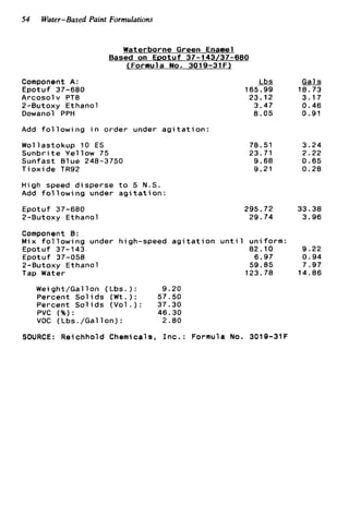 54 Water-Based Paint Formulations
Waterborne Green Enamel
XFormula No. 3019-31F)
Based on E D O t U f 37-143/37-680
Component A:
Arcosolv PTB
2-Butoxy Ethanol
Dowanol PPH
Add f o l l o w i n g i n order under a g i t a t i o n :
Epotuf 37-680
Wollastokup 10 ES
S u n b r i t e Y e l l o w 75
Sunfast Blue 248-3750
T i o x i d e TR92
High speed disperse t o 5 N.S.
Add f o l l o w i n g under a g i t a t i o n :
Epotuf 37-680
2-Butoxy Ethanol
~ Lbs
165.99
23.12
3.47
8.05
78.51
23.71
9.68
9.21
295.72
29.74
Component B:
Mix f o l l o w i n g under high-speed a g i t a t i o n u n t i l uniform:
Epotuf 37-058 6.97
Tap Water 123.78
Epotuf 37-143 82.10
2-Butoxy Ethanol 59.85
Wei ght/Gal 1on (Lbs .) : 9.20
Percent Sol i d s (Wt .) : 57.50
Percent S o l i d s ( V o l . ) : 37.30
PVC (%): 46.30
VOC (Lbs./Gallon): 2.80
SOURCE: Reichhold Chemicals, I n c . : Formula No. 3019-31F
18.73
3.17
0.46
0.91
3.24
2.22
0.65
0.28
33.38
3.96
9.22
0.94
7.97
14.86
 