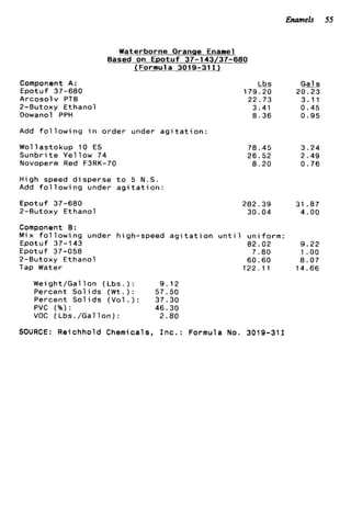 Enamels 55
Waterborne Oranqe Enamel
Based on E p o t u f 37-143/37-600
(Formula 3019-3111
Component A:
A r c o s o l v PTB
2-Butoxy Ethanol
Dowanol PPH
Add f o l l o w i n g i n o r d e r under a g i t a t i o n :
Wollastokup 10 ES
Sunbri t e Ye1 low 74
Novoperm Red F3RK-70
High speed d i s p e r s e t o 5 N . S .
Add f o l l o w i n g under a g i t a t i o n :
Epotuf 37-680
EpOtuf 37-680
2-Butoxy Ethanol
Lbs
179.20 20.23
22.73 3.11
3.41 0.45
8.36 0.95
78 * 45
26.52
8.20
282.39
30.04
Component B:
M i x f o l l o w i n g under high-speed a g i t a t i o n u n t i l u n i f o r m :
EpOtuf 37-143 82.02
Epotuf 37-058 7.80
2-Butoxy Ethanol 60.60
Tap Water 122.11
Wei ght/Gal 1on ( Lbs . ) : 9 . 1 2
Percent S o l i d s ( W t . ) : 57.50
Percent S o l i d s ( V o l . ) : 37.30
PVC (%): 46.30
VOC ( L b s . / G a l l o n ) : 2.80
SOURCE: Reichhold Chemicals, I n c . : Formula No. 3019-311
3.24
2.49
0 . 7 6
31.87
4 . 0 0
9 . 2 2
1.oo
8.07
14.66
 