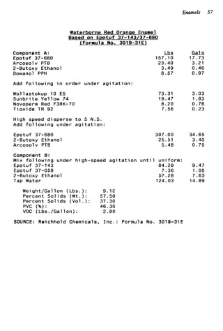 Enamels 57
Waterborne Red Orange Enamel
Based on EDOtUf 37-143/37-600
I f o r m u l a No. 3019-31El
Component A:
Arcosolv PTB
2-Butoxy Ethanol
Dowanol PPH
Add f o l l o w i n g i n o r d e r under a g i t a t i o n :
Epotuf 37-680
Wol l a s t o k u p 10 ES
S u n b r i t e Yellow 74
Novoperm Red F3RK-70
T i o x i d e TR 92
High speed d i s p e r s e t o 5 N.S.
Add f o l l o w i n g under a g i t a t i o n :
Epotuf 37-680
2-Butoxy Ethanol
Arcosolv PTB
Lbs Gals
157.10 17.73
23.40 3.21
3.49 0.46
8.57 0.97
73.31
19.47
8.20
7.56
307.00
25.51
5.40
Component 8:
Mix f o l l o w i n g under high-speed a g i t a t i o n u n t i l uniform:
Epotuf 37-143 84.28
Epotuf 37-058 7.36
2-Butoxy Ethanol 57.28
Tap Water 124.03
Weight/Gallon ( L b s . ) : 9.12
Percent S o l i d s (Wt.): 57.50
Percent S o l i d s ( V o l . ) : 37.30
PVC (%I: 46.30
VOC ( L b s . / G a l l o n ) : 2.80
SOURCE: Reichhold Chemicals, I n c . : Formula No. 3019-31E
3.03
1.83
0.76
0.23
34.65
3.40
0.75
9.47
1.00
7.63
14.89
 