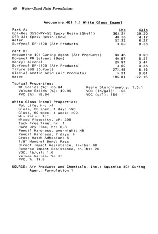 60 Water-Based Paint Formulations
Anquamine 401 1 : l White Gloss Enamel
P a r t A: j& Gals
Epi -Rez 3520-WY-55 Epoxy Resin (She11) 363.24 39.20
DER 331 Epoxy Resin (Dow) 40.36 4.17
Water
S u r f y n o l DF-11OD ( A i r P r o d u c t s )
52.32 6 . 2 7
3.00 0.36
P a r t B:
Anquami ne 401 C u r i n g Agent ( A i r P r o d u c t s ) 90.46 9.90
Dowanol PM S o l v e n t (Dow) 40.87 5 . 3 7
Benzyl A l c o h o l 29.97 3.44
S u r f y n o l DF-l10D ( A i r P r o d u c t s ) 3.00 0 . 3 6
T i P u r e 960 (DuPont) 272.48 8.16
G l a c i a l A c e t i c A c i d ( A i r P r o d u c t s ) 5.31 0 . 6 1
Water 185.01 22.16
T y p i c a l P r o p e r t i e s :
W t S o l i d s ( % ) : 65.84 Resin S t o i c h i o m e t r y : 1.3:1
Volume S o l i d s (36): 40.95 VOC ( l b / g a l ) : 1.53
PVC ( % ) : 1 9 . 9 4 VOC ( g / l ) : 184
White G1oss Enamel P r o p e r ties :
Pot L i f e , h r : >4
Gloss, 60 spec, 1 day: >90
Gloss, 60 spec, 4 week: >90
M i x R a t i o : 1 : l
Mixed V i s c o s i t y , cP: 290
Tack F r e e Time, h r : 1
Hard Dry Time, h r : 6-8
P e n c i l Hardness, o v e r n i g h t : HB
P e n c i l Hardness, 7 days: H
Cross Hatch Adhesion: 5
1/8" Mandrel Bend: Pass
D i r e c t Impact Resistance, i n - l b s : 60
Reverse Impact Resistance, i n - l b s : 20
VOC, l b / g a l : 1 . 6
Volume S o l i d s , %: 41
PVC, Yo: 19.9
SOURCE: A i r P r o d u c t s and Chemicals, I n c . : Aquamine 401 C u r i n g
Agent: F o r m u l a t i o n 1
 
