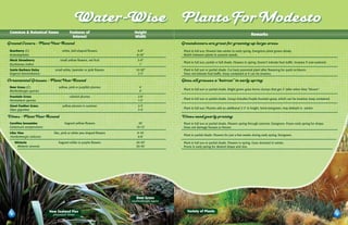 Water-Wise                                       Plants For Modesto
 Common & Botanical Name               Features of                     Height
                                                                                                                                                    Remarks
                                         Interest                      Width
Ground Covers - Plant Year Round                                                            Groundcovers are great for greening up large areas
 Bearberry (C)                    white, bell-shaped flowers             6-8”                Plant in full sun. Flowers late winter to early spring. Evergreen plant grows slowly.
 Arctostaphylos                                                          8-18”               Mulch between plants to prevent weeds.
 Mock Strawberry                small yellow flowers, red fruit           3-4”
                                                                                             Plant in full sun, partial or full shade. Flowers in spring. Doesn’t tolerate foot traffic. Invasive if over-watered.
 Duchesnea indica                                                          1’
 Santa Barbara Daisy         small white, lavender or pink flowers      10-20”               Plant in full sun or partial shade. Cut back perennial plant after flowering for quick re-bloom.
 Erigeron karvinskianus                                                  2-3’                Does not tolerate foot traffic. Keep contained or it can be invasive.

Ornamental Grasses - Plant Year Round                                                       Gives all grasses a “haircut” in early spring
 Deer Grass (C)                yellow, pink or purplish plumes             4’
                                                                                             Plant in full sun or partial shade. Bright green grass forms clumps that get 2’ taller when they “bloom.”
 Muhlenbergia species                                                      4’
 Fountain Grass                        colorful plumes                    2-6’
                                                                                             Plant in full sun or partial shade. Group includes Purple fountain grass, which can be invasive, keep contained.
 Pennisetum species                                                       1-5’
 Giant Feather Grass              yellow plumes in summer                 2-3’
                                                                                             Plant in full sun. Plumes add an additional 2-3’ in height. Semi-evergreen, may dieback in winter.
 Stipa gigantea                                                           3-4’

Vines - Plant Year Round                                                                    Vines need yearly pruning
 Carolina Jessamine                 fragrant yellow flowers               20’                Plant in full sun or partial shade. Flowers spring through summer. Evergreen. Prune early spring for shape.
 Gelsemum sempervirens                                                   10-15’              Does not damage houses or fences.
 Lilac Vine                 lilac, pink or white pea shaped flowers      9-10’
                                                                                             Plant in partial shade. Flowers for just a few weeks during early spring. Evergreen.
 Hardenbergia violacea                                                   6-8’
    Wisteria                   fragrant white or purple flowers          20-30’              Plant in full sun or partial shade. Flowers in spring. Goes dormant in winter.
     Wisteria sinensis                                                   20-30’              Prune in early spring for desired shape and size.




                                                                         Deer Grass
                                                                      muhlenbergia rigens


                          New Zealand Flax                                                     Variety of Plants
                            phormium tenax
 