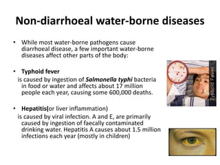 Non-diarrhoeal water-borne diseases
• While most water-borne pathogens cause
diarrhoeal disease, a few important water-borne
diseases affect other parts of the body:
• Typhoid fever
is caused by ingestion of Salmonella typhi bacteria
in food or water and affects about 17 million
people each year, causing some 600,000 deaths.
• Hepatitis(or liver inflammation)
is caused by viral infection. A and E, are primarily
caused by ingestion of faecally contaminated
drinking water. Hepatitis A causes about 1.5 million
infections each year (mostly in children)
 