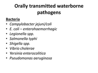 Orally transmitted waterborne
pathogens
Bacteria
• Campylobacter jejuni/coli
• E. coli – enterohaemorrhagic
• Legionella spp.
• Salmonella typhi
• Shigella spp.
• Vibrio cholerae
• Yersinia enterocolitica
• Pseudomonas aeruginosa
 