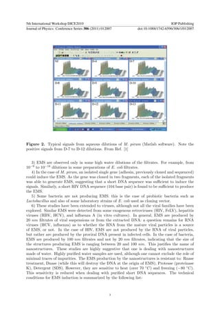 5th International Workshop DICE2010                                                 IOP Publishing
Journal of Physics: Conference Series 306 (2011) 012007         doi:10.1088/1742-6596/306/1/012007




Figure 2. Typical signals from aqueous dilutions of M. pirum (Matlab software). Note the
positive signals from D-7 to D-12 dilutions. From Ref. [1]


   3) EMS are observed only in some high water dilutions of the ﬁltrates. For example, from
10−9 to 10−18 dilutions in some preparations of E. coli ﬁltrates.
   4) In the case of M. pirum, an isolated single gene (adhesin, previously cloned and sequenced)
could induce the EMS. As the gene was cloned in two fragments, each of the isolated fragments
was able to generate EMS, suggesting that a short DNA sequence was suﬃcient to induce the
signals. Similarly, a short HIV DNA sequence (104 base pair) is found to be suﬃcient to produce
the EMS.
   5) Some bacteria are not producing EMS: this is the case of probiotic bacteria such as
Lactobacillus and also of some laboratory strains of E. coli used as cloning vector.
   6) These studies have been extended to viruses, although not all the viral families have been
explored. Similar EMS were detected from some exogenous retroviruses (HIV, FeLV), hepatitis
viruses (HBV, HCV), and inﬂuenza A (in vitro cultures). In general, EMS are produced by
20 nm ﬁltrates of viral suspensions or from the extracted DNA: a question remains for RNA
viruses (HCV, inﬂuenza) as to whether the RNA from the mature viral particles is a source
of EMS, or not. In the case of HIV, EMS are not produced by the RNA of viral particles,
but rather are produced by the proviral DNA present in infected cells. In the case of bacteria,
EMS are produced by 100 nm ﬁltrates and not by 20 nm ﬁltrates, indicating that the size of
the structures producing EMS is ranging between 20 and 100 nm. This justiﬁes the name of
nanostructures. These studies are highly suggestive that one is dealing with nanostructures
made of water. Highly puriﬁed water samples are used, although one cannot exclude the role of
minimal traces of impurities. The EMS production by the nanostructures is resistant to: Rnase
treatment, Dnase (while this will destroy the DNA at the origin of EMS), Protease (proteinase
K), Detergent (SDS). However, they are sensitive to heat (over 70 ◦ C) and freezing (−80 ◦ C).
This sensitivity is reduced when dealing with puriﬁed short DNA sequences. The technical
conditions for EMS induction is summarized by the following list:



                                                     3
 