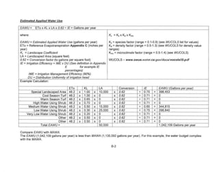 Estimated Applied Water Use

EAWU         ETa x KL x LAx 0.62+ IE     Gallons per vear

where:                                                               KL =KsxKaxKmc

EAWU     = Estimaled Applied Water Use (gallons per year)            Ks = species factor (range = 0.1-0.9) (see WUCOLS list for values)
ETo = Reference Evapotranspiration Appendix C (inches per            Kd = density factor (range = O.5~1.3) (see WUCOLS for density value
year)                                                                ranges)
KL = Landscape Coefficient                                           Kmc = microclimate factor (range = 0.5-1.4) (see WUCOLS)
LA = Landscaped Area (square feet)
0.62 = Conversion factor (to gallons per square foot)                WUCOLS     - www.owue.water.ca.gov/docslwucolsOO.pdf
IE = Irrigation Efficiency = IME x DU (See definition in Appendix
                                   E             for example IE
                                   percentages)
       IME = Irrigation Management Efficiency (90%)
       DU = Distribution Uniformitv of irriaation head
Example Calculation:

                                     ETa         KL         LA               Conversion         IE         EAWU (Gallons Der vearl
         Special Landscaped Area     48.2    x   1.00   x   10,000      x    0.62           +   0.75   - 398,453
                 Cool Season Turf    48.2    x   1.00   x   0           x    0.62           +   0.71   =   0
                Warm Season Turf     48.2    x   0.65   x   0           x    0.62           +   0.71   =   0
          Hiah Water Usina Shrub     48.2    x   0.70   x   0           x    0.62               0.71   =   0
      Medium Water Usina Shrub       46.2    x   0.50   x   15,000      x    0.62           +   0.65       344,815
           Low Water Usina Shrub     46.2    x   0.30   x   25000       x    0.62           +   0.75   =   298,840
     Very Low Water Usina Shrub      46.2    x   0.20   x   0           x    0.62           +   0.71   =   0
                            Other    46.2    x   0.50   x   0           x    0.62           +   0.71   -   0
                            Other    46.2    x   0.50   x   0           x    0.62           +   0.71   =   0
                Total EAWU=                                 50,000                                         1,042,109 Gallons per year

Compare EAWUwith MAWA.
The EAWU (1 ,042, 109 gallons per year) is less than MAWA (1,135,592        gallons per year). For this example, the water budget complies
with the MAW A.

                                                                      B-2
 