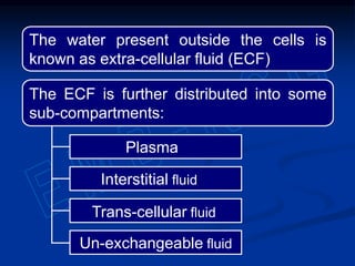 Un-exchangeable fluid
The water present outside the cells is
known as extra-cellular fluid (ECF)
The ECF is further distributed into some
sub-compartments:
Trans-cellular fluid
Interstitial fluid
Plasma
 