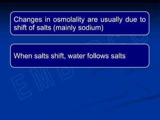 Changes in osmolality are usually due to
shift of salts (mainly sodium)
When salts shift, water follows salts
 