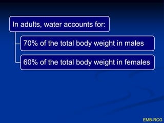 EMB-RCG
In adults, water accounts for:
70% of the total body weight in males
60% of the total body weight in females
 