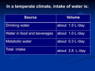 In a temperate climate, intake of water is:
Source Volume
Drinking water about 1.5 L /day
Water in food and beverages about 1.0 L /day
Metabolic water about 0.3 L /day
Total intake about 2.8 L /day
 
