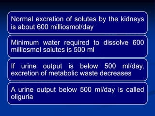 Normal excretion of solutes by the kidneys
is about 600 milliosmol/day
Minimum water required to dissolve 600
milliosmol solutes is 500 ml
If urine output is below 500 ml/day,
excretion of metabolic waste decreases
A urine output below 500 ml/day is called
oliguria
 