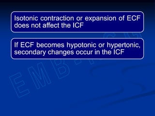 Isotonic contraction or expansion of ECF
does not affect the ICF
If ECF becomes hypotonic or hypertonic,
secondary changes occur in the ICF
 