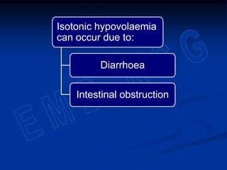 Isotonic hypovolaemia
can occur due to:
Diarrhoea
Intestinal obstruction
 