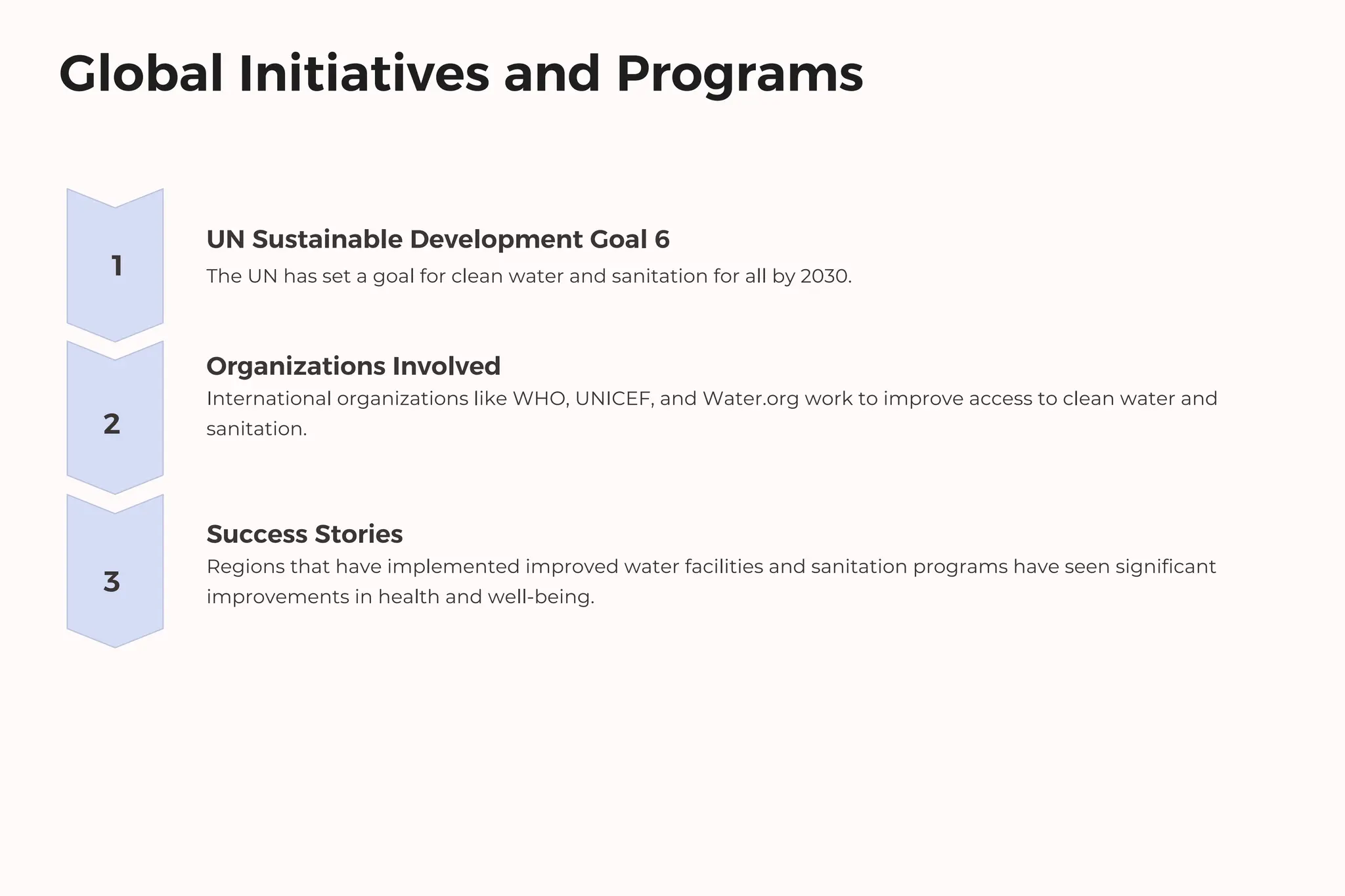 Global Initiatives and Programs
UN Sustainable Development Goal 6
The UN has set a goal for clean water and sanitation for all by 2030.
1
3
2
Success Stories
Regions that have implemented improved water facilities and sanitation programs have seen significant
improvements in health and well-being.
Organizations Involved
International organizations like WHO, UNICEF, and Water.org work to improve access to clean water and
sanitation.
 