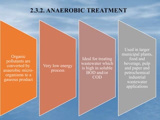 Organic
pollutants are
converted by
anaerobic micro-
organisms to a
gaseous product
Very low energy
process
Ideal for treating
wastewater which
is high in soluble
BOD and/or
COD
Used in larger
municipal plants,
food and
beverage, pulp
and paper and
petrochemical
industrial
wastewater
applications
2.3.2. ANAEROBIC TREATMENT
 