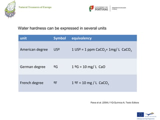 Natural Treasures of Europe




Water hardness can be expressed in several units

 unit                         Symbol   equivalency

 American degree              USº      1 USº = 1 ppm CaCO3= 1mg/ L CaCO3



 German degree                ºG       1 ºG = 10 mg/ L CaO



 French degree                ºF       1 ºF = 10 mg / L CaCO3



                                                  Paiva et al. (2004).11Q-Química A, Texto Editora
 