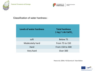 Natural Treasures of Europe




   Classification of water hardness :



           Levels of water hardness        Total hardness
                                          ( mg / L de CaCO3


                          soft                  Below 75
                 Moderately hard           From 75 to 150
                         Hard             From 150 to 300
                      Very hard                 Over 300



                                        Paiva et al. (2004).11Q-Química A, Texto Editora
 