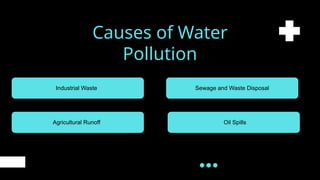 Causes of Water
Pollution
Industrial Waste
Oil Spills
Sewage and Waste Disposal
Agricultural Runoff
 