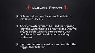 Harmful Effects
✘ Fish and other aquatic animals will die in
water with low pH.
✘ Acidified water cannot be used for drinking.
First the water has to be neutralized (neutral
pH), as acidic water is damaging to your
health and could possibly cause kidney
problems.
✘ High aluminum concentrations are often the
trigger that kills fish
 