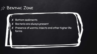 Benthic Zone
✘ Bottom sediments
✘ Bacteria are always present
✘ Presence of worms, insects and other higher life
forms
 