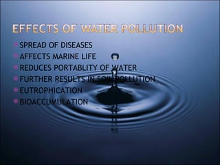 SPREAD OF DISEASES AFFECTS MARINE LIFE REDUCES PORTABLITY OF WATER FURTHER RESULTS IN SOIL POLLUTION EUTROPHICATION BIOACCUMULATION 