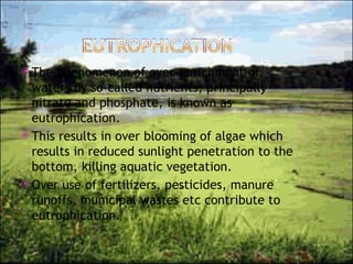 The phenomenon of over-enrichment of waters by so-called nutrients, principally nitrate and phosphate, is known as eutrophication. This results in over blooming of algae which results in reduced sunlight penetration to the bottom, killing aquatic vegetation. Over use of fertilizers, pesticides, manure runoffs, municipal wastes etc contribute to eutrophication. 