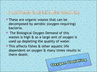 These are organic wastes that can be decomposed by aerobic (oxygen-requiring) bacteria.  The Biological Oxygen Demand of this wastes is high & so a large amt of oxygen is used up depleting the quality of water. This affects fishes & other aquatic life dependent on oxygen & many times results in there death. 