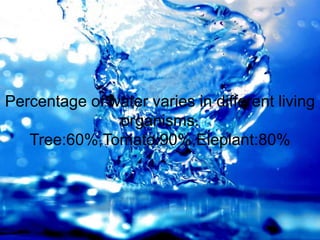 Percentage of water varies in different living
organisms.
Tree:60%,Tomato:90%,Eleplant:80%
 