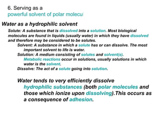 Water as a hydrophilic solvent   Solute: A substance that is  dissolved  into a  solution . Most biological molecules are found in liquids (usually water) in which they have  dissolved  and therefore may be considered to be solutes.  Solvent: A substance in which a  solute  has or can dissolve. The most important solvent to life is water.  Solution: A medium consisting of  solutes  and  solvent(s) .  Metabolic reactions  occur in solutions, usually solutions in which water is the  solvent .  Dissolve: The act of a  solute  going into  solution .  Water tends to very efficiently dissolve  hydrophilic substances  (both  polar molecules  and those which ionize upon  dissolving ).This occurs as a consequence of  adhesion .  6. Serving as a  powerful solvent of polar molecules   