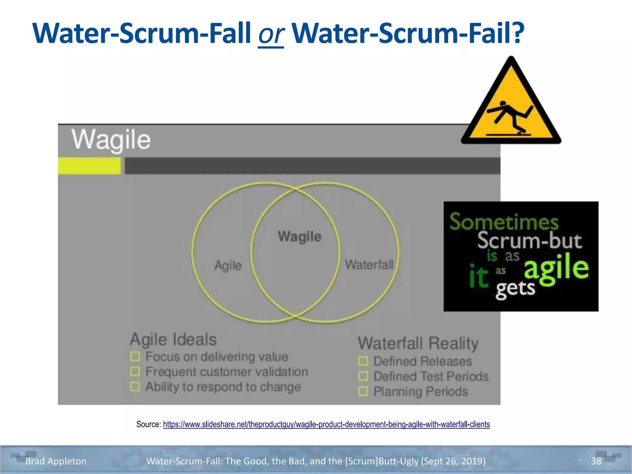 Water-Scrum-Fall or Water-Scrum-Fail?
Brad Appleton Water-Scrum-Fall: The Good, the Bad, and the [Scrum]Butt-Ugly (Sept 26, 2019) 38
Source: https://www.slideshare.net/theproductguy/wagile-product-development-being-agile-with-waterfall-clients
 