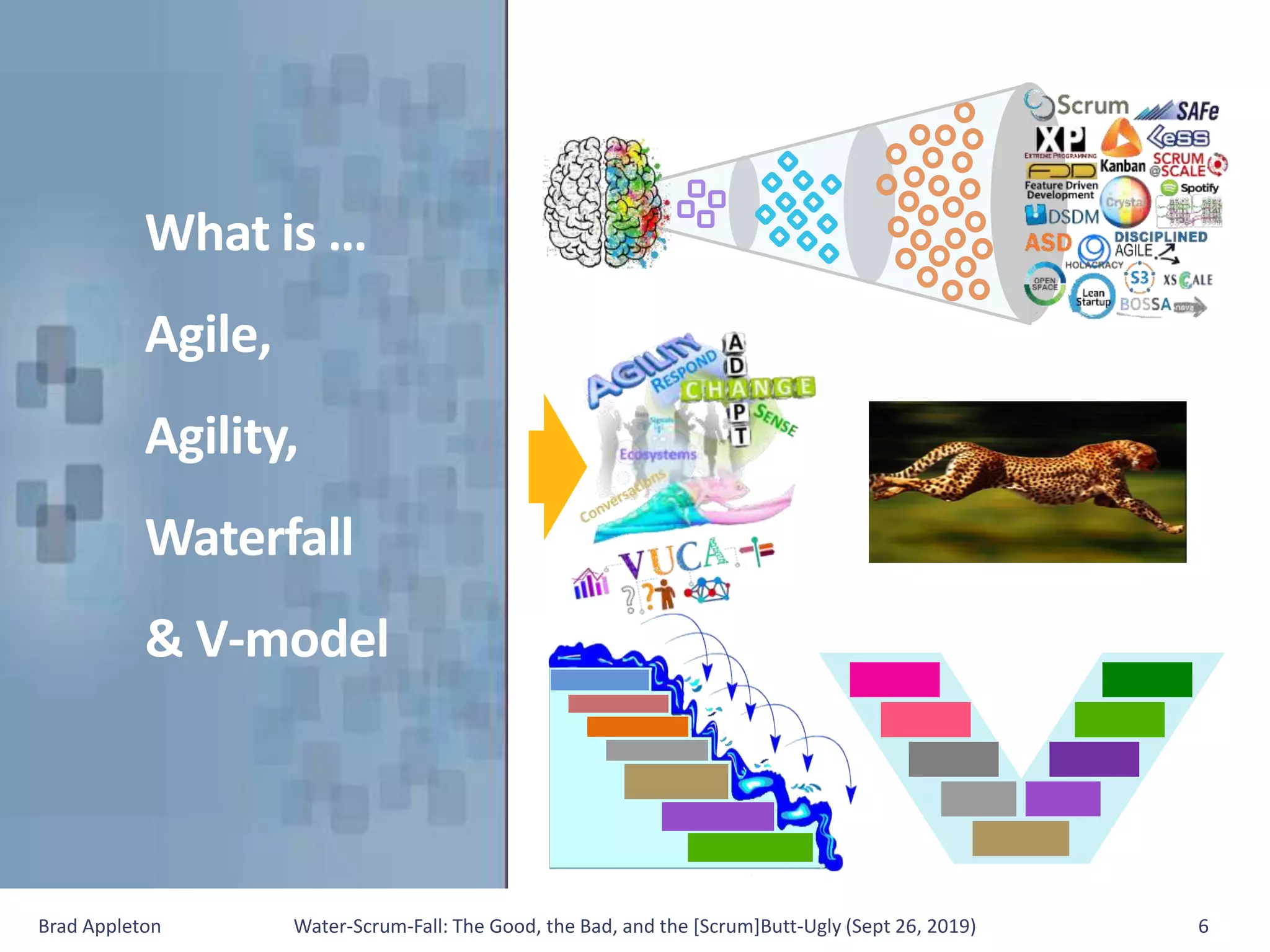 What is …
Agile,
Agility,
Waterfall
& V-model
Brad Appleton Water-Scrum-Fall: The Good, the Bad, and the [Scrum]Butt-Ugly (Sept 26, 2019) 6
 