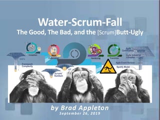Water-Scrum-Fall
The Good, The Bad, and the [Scrum]Butt-Ugly
by Brad Appleton
September 26, 2019
SAFe
Framework
Complexity Spotify Model
Agile Event Horizon
Agile
Certification
Agile Industrial
Complex
Scrum/
Kanban
XP
Inception
Elaboration Hardening Transition
 