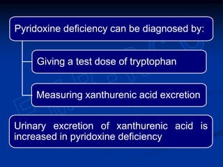 Urinary excretion of xanthurenic acid is
increased in pyridoxine deficiency
Measuring xanthurenic acid excretion
Giving a test dose of tryptophan
Pyridoxine deficiency can be diagnosed by:
 