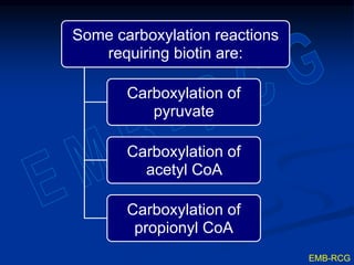 Some carboxylation reactions
requiring biotin are:
Carboxylation of
pyruvate
Carboxylation of
acetyl CoA
Carboxylation of
propionyl CoA
EMB-RCG
 