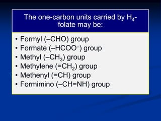 The one-carbon units carried by H4-
folate may be:
• Formyl (–CHO) group
• Formate (–HCOO‒) group
• Methyl (–CH3) group
• Methylene (=CH2) group
• Methenyl (=CH) group
• Formimino (–CH=NH) group
 