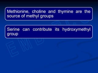 Methionine, choline and thymine are the
source of methyl groups
Serine can contribute its hydroxymethyl
group
 