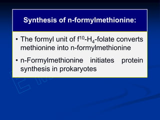 Synthesis of n-formylmethionine:
• The formyl unit of f10-H4-folate converts
methionine into n-formylmethionine
• n-Formylmethionine initiates protein
synthesis in prokaryotes
 