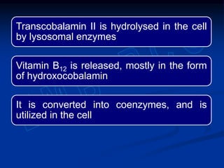 Transcobalamin II is hydrolysed in the cell
by lysosomal enzymes
Vitamin B12 is released, mostly in the form
of hydroxocobalamin
It is converted into coenzymes, and is
utilized in the cell
 