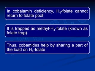 In cobalamin deficiency, H4-folate cannot
return to folate pool
It is trapped as methyl-H4-folate (known as
folate trap)
Thus, cobamides help by sharing a part of
the load on H4-folate
 