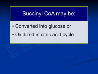 Succinyl CoA may be:
• Converted into glucose or
• Oxidized in citric acid cycle
 