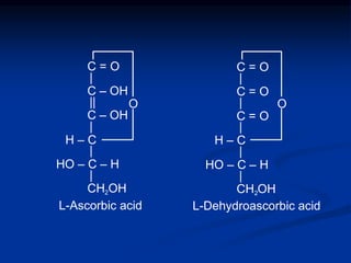 C = O
|
C – OH
||
C – OH
|
H – C
|
HO – C – H
|
CH OH2
H – C
C = O
|
|
|
|
HO – C – H
|
CH OH2
C = O
C = O
L-Ascorbic acid L-Dehydroascorbic acid
O O
 