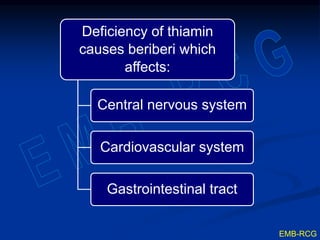 Deficiency of thiamin
causes beriberi which
affects:
Central nervous system
Cardiovascular system
Gastrointestinal tract
EMB-RCG
 