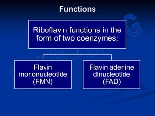 Functions
Riboflavin functions in the
form of two coenzymes:
Flavin
mononucleotide
(FMN)
Flavin adenine
dinucleotide
(FAD)
 