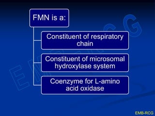 FMN is a:
Constituent of respiratory
chain
Constituent of microsomal
hydroxylase system
Coenzyme for L-amino
acid oxidase
EMB-RCG
 