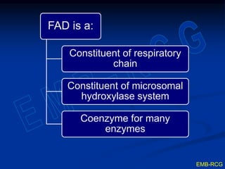 FAD is a:
Constituent of respiratory
chain
Constituent of microsomal
hydroxylase system
Coenzyme for many
enzymes
EMB-RCG
 