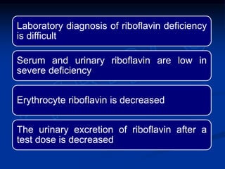 Laboratory diagnosis of riboflavin deficiency
is difficult
Serum and urinary riboflavin are low in
severe deficiency
Erythrocyte riboflavin is decreased
The urinary excretion of riboflavin after a
test dose is decreased
 