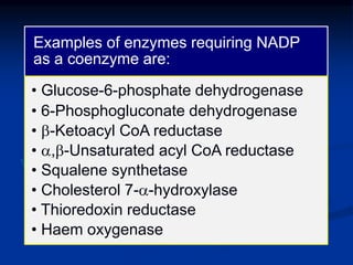 Examples of enzymes requiring NADP
as a coenzyme are:
• Glucose-6-phosphate dehydrogenase
• 6-Phosphogluconate dehydrogenase
• b-Ketoacyl CoA reductase
• a,b-Unsaturated acyl CoA reductase
• Squalene synthetase
• Cholesterol 7-a-hydroxylase
• Thioredoxin reductase
• Haem oxygenase
 
