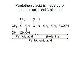 Pantoic acid
Pantothenic acid
b-Alanine
Pantothenic acid is made up of
pantoic acid and b-alanine
 